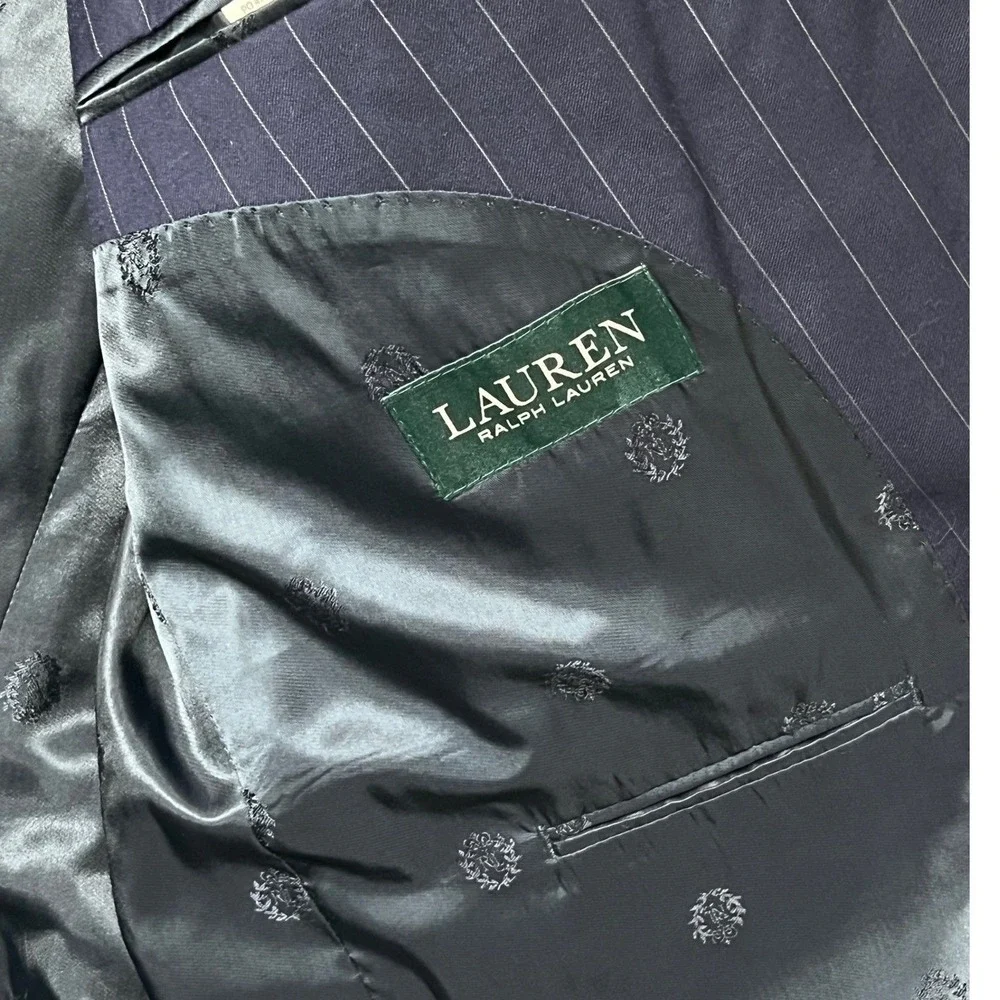 Ralph Lauren Blazer Men 42R Navy Pinstripe Suit Jacket 100% Wool Natural Stretch
